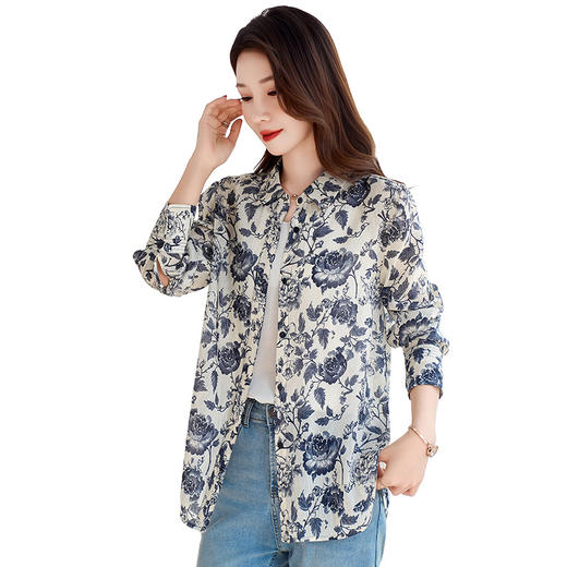 QS-12599628春季上衣女原创国风印花衬衣女真丝亚麻青花瓷长袖衬衫女9768 商品图4