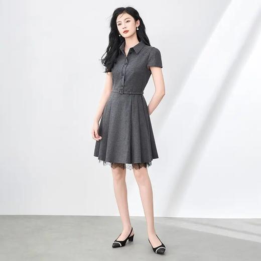 【高货wl】全新升级【铂金会员330/天猫439/差价109】(00202) 洛诗琳复古时髦洋气翻领短袖拼蕾丝压褶收腰显瘦连衣裙 商品图0