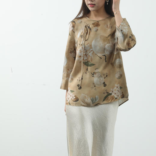 洛诗琳14703新中式印花上衣2025夏季改良圆领系带真丝衬衫1188 商品图0