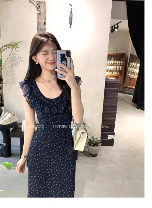 ✨前后2穿🦋领口经过设计师严格把控【法式荷叶边碎花连衣裙】附身不会走光无袖设计，荷叶边花边小飞袖 商品图0