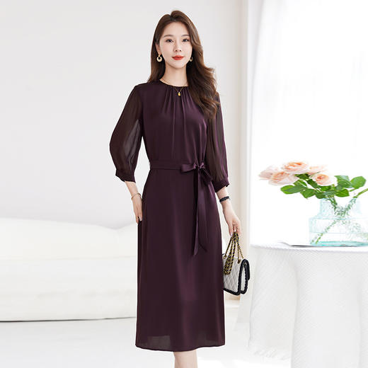 QS-82599200【桑蚕丝】素雅纯色真丝弹力双乔中长裙收腰夏桑蚕丝连衣裙女9200 商品图1