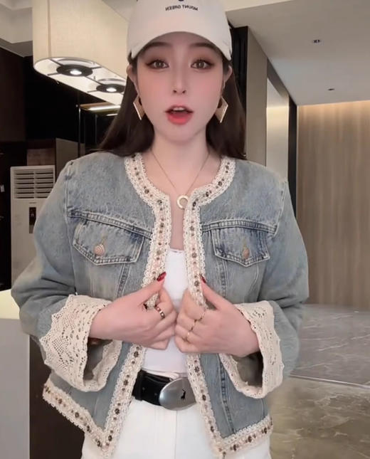 雀说新款气质显瘦百搭牛仔外套圆领钉珠拼接蕾丝高品质牛仔外套AL 商品图5