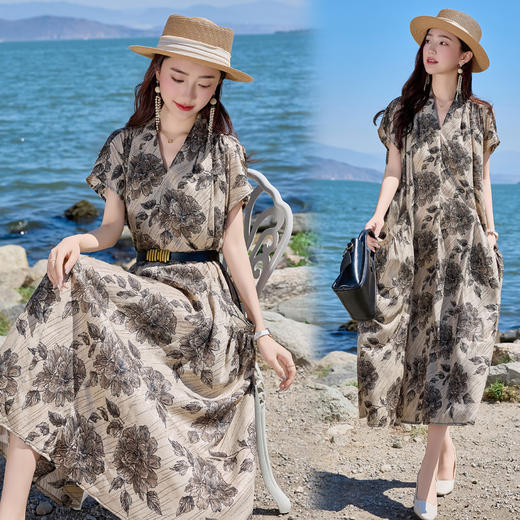 丁摩 印花V领短袖口袋宽松碎花女士长裙YG82960 商品图6