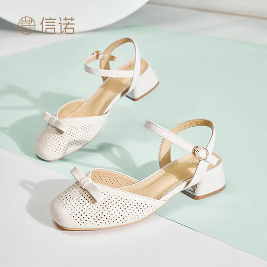 信诺真皮包头凉鞋女夏季新款粗跟后空女鞋时尚镂空通勤一字带单鞋X5L137-102 商品图8