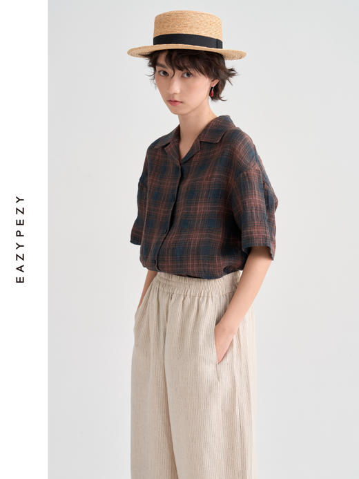 布尔乔亚亚麻格纹衬衫气球裤套装 商品图3