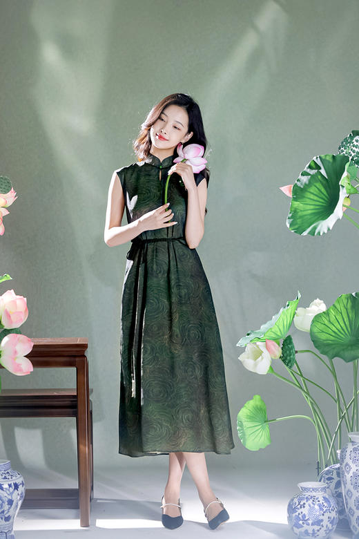 逸红颜明月优选#金绫缎连衣裙「绿玫瑰」江南烟雨入画来的自然美，赠送腰带 商品图7