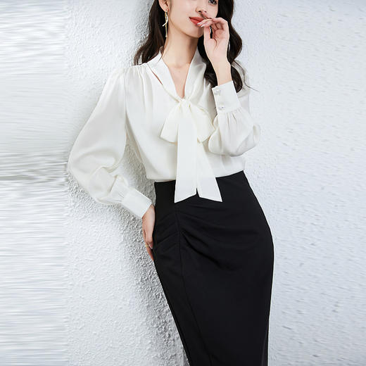丁摩桑蚕丝衬衣女春季新款重磅真丝双乔法式V领蝴蝶结衬衫高级感上衣AL25013 商品图2