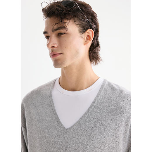 棉仓3621001001-【北海泡沫】浅花灰圈圈肌理深V领型编织长袖T 商品图1