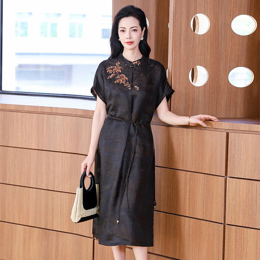 丁摩提花香云纱连衣裙新款立领刺绣新中式气质真丝桑蚕丝裙AL221932 商品图3