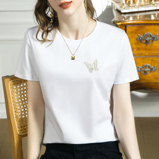 雀说高端新款立体刺绣蝴蝶丝光棉t恤女夏季ins潮修身圆领短袖气质上衣ALM735 商品图2