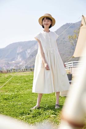 L.Fleuri 杏色文艺感小飞袖宽松衬衫连衣裙 18188