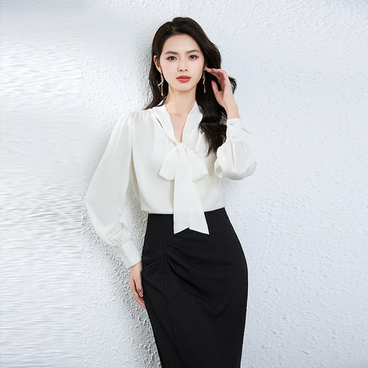 丁摩桑蚕丝衬衣女春季新款重磅真丝双乔法式V领蝴蝶结衬衫高级感上衣AL25013 商品图5