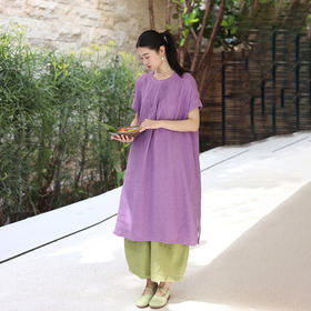 绽放旅行女装176朵/色织亚麻塔克捏褶文艺简洁圆领连肩短袖连衣裙