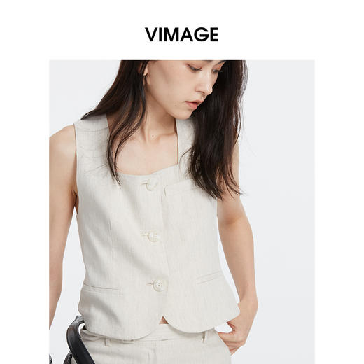 VIMAGE纬漫纪夏季新款气质方领时尚百搭显瘦纯色无袖短款上衣V2103731 商品图3