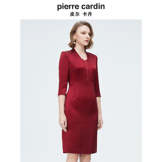 [皮尔卡丹女装]季新款蓝色短袖V领A字裙绣花裙子 商品图1