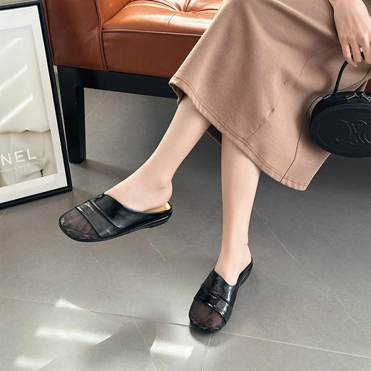 经典鲨2025夏季新款牛皮革法式复古拼接时尚懒人半拖凉鞋女KW333-529051 商品图2
