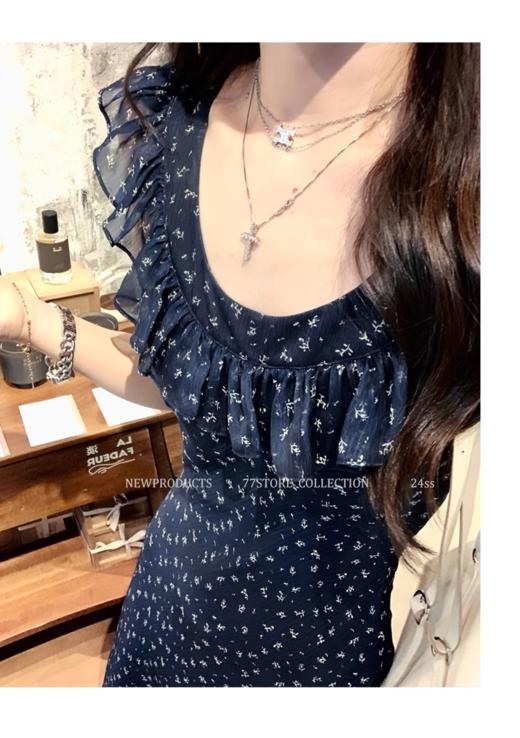 ✨前后2穿🦋领口经过设计师严格把控【法式荷叶边碎花连衣裙】附身不会走光无袖设计，荷叶边花边小飞袖 商品图10