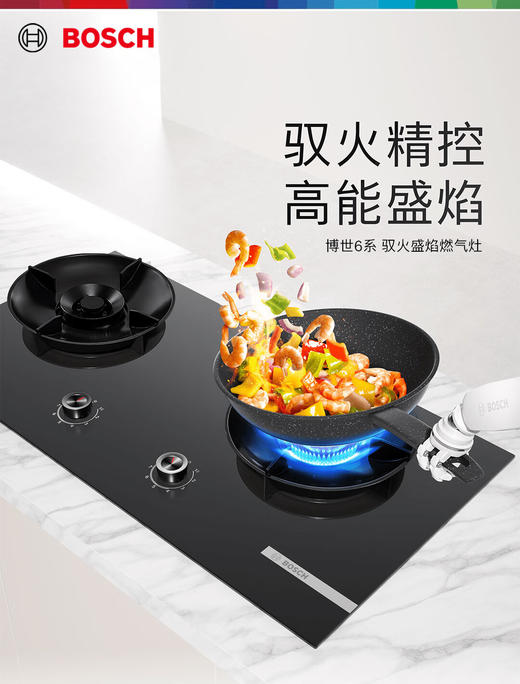 博世（BOSCH）6系家用燃气灶 5.2kW大火力 74%热效率 9段精控 快速点火 易清洁灶头 熄火保护 玻璃面板 天然气 PDB926MAMP 商品图0