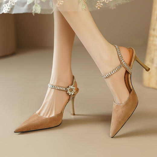 【预售5天】羊翻皮包头后空凉鞋女夏季新款女鞋欧美尖头水钻一字扣高跟鞋FDJ&YC--088 商品图1