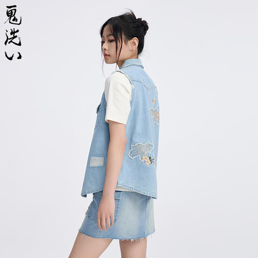 ONIARAI/鬼洗25春夏泥棒蓝女款樱花金鱼贴布绣牛仔马甲 N340219 商品图1