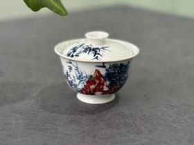 【家有好器】景德镇青花釉里红手绘花中君子带壶承三才盖碗《梅兰竹菊》