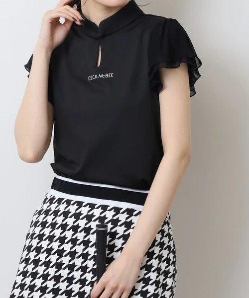 CECIL McBEE green 高尔夫女士 薄纱小飞袖立领盘扣短袖 速干运动T恤 商品图1