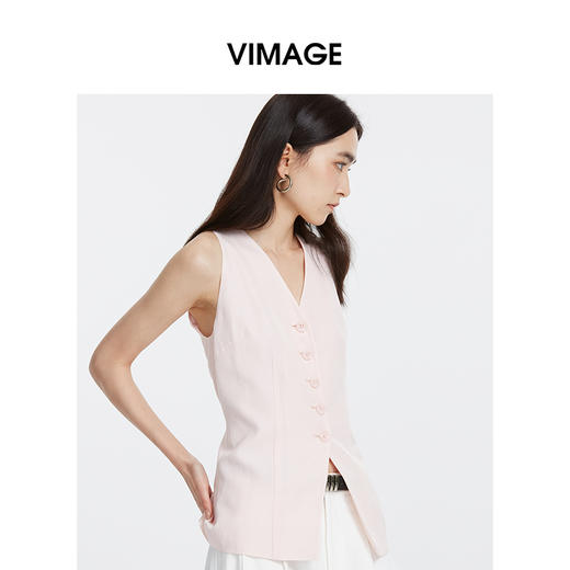 VIMAGE纬漫纪浅粉色百搭V领单排扣修身百搭马夹背心2025春季新款V2303914 商品图2