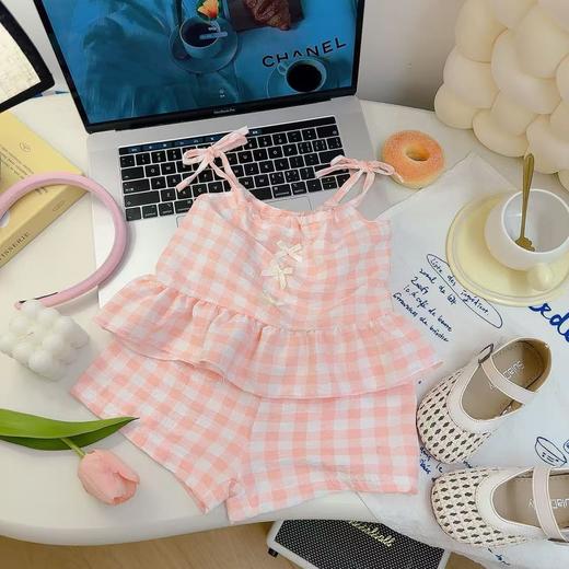 【格子控蝴蝶结设计，萌趣十足~】夏季两件套 格子控蝴蝶结吊带套装 女童洋气格子背心裙裤套装-QQ 商品图4