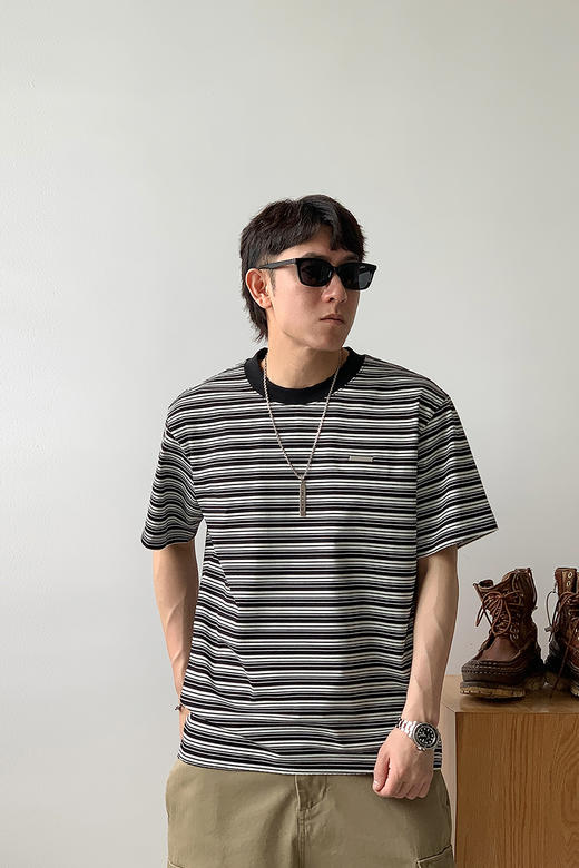 徐太浪280g美式条纹贴标短袖T恤男夏季潮牌大码宽松透气半袖上衣 商品图4