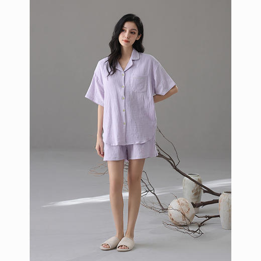 雀说【A类双层纱】婴儿棉春夏情侣睡衣棉纱短袖宽松款女胸垫家居服AL6300 商品图5