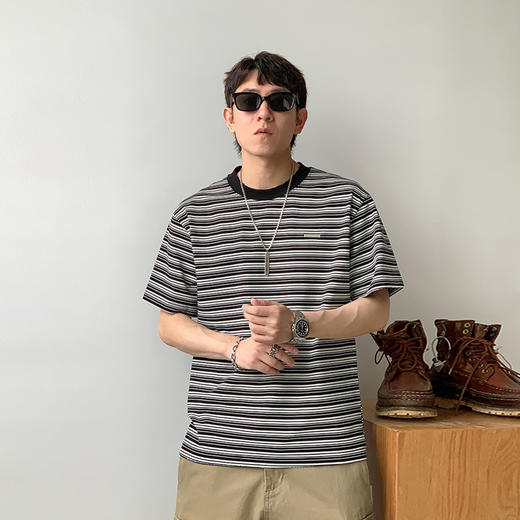 徐太浪280g美式条纹贴标短袖T恤男夏季潮牌大码宽松透气半袖上衣 商品图2