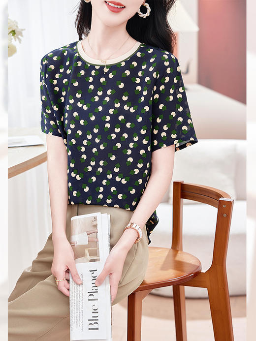 丁摩 真丝双绉圆领桑蚕丝短袖T恤女AST0109 商品图7