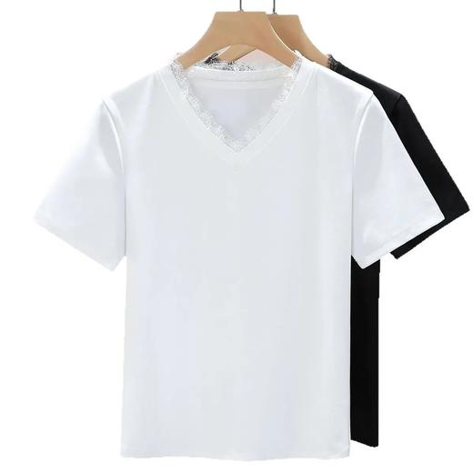 【自】全新升级【铂金会员100/天猫129/差价29】(13452) 洛诗琳蕾丝花边t恤女2025夏季新款V领体恤修身显瘦正肩上衣 商品图4