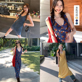 西遇碎花吊带连衣裙女夏季新款法式度假风修身v领收腰长裙SS150232/SS150233