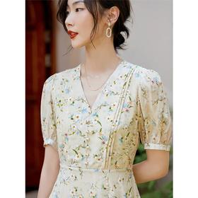 【自】全新升级【铂金会员468/天猫629/差价161】(05845) 洛诗琳100%桑蚕丝真丝双绉短袖连衣裙2025新款法式碎花长裙