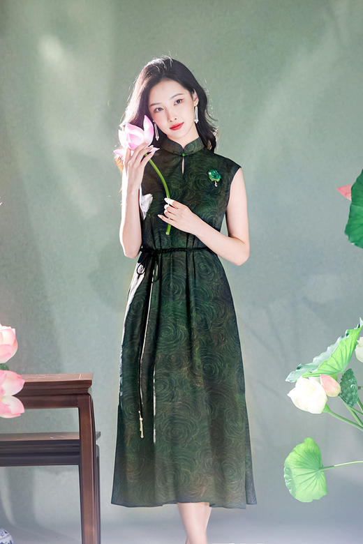逸红颜明月优选#金绫缎连衣裙「绿玫瑰」江南烟雨入画来的自然美，赠送腰带 商品图8