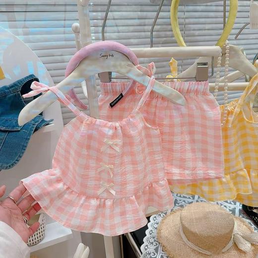 【格子控蝴蝶结设计，萌趣十足~】夏季两件套 格子控蝴蝶结吊带套装 女童洋气格子背心裙裤套装-QQ 商品图2