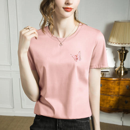 雀说高端新款立体刺绣蝴蝶丝光棉t恤女夏季ins潮修身圆领短袖气质上衣ALM735 商品图6