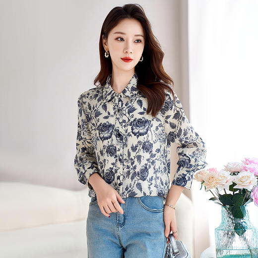 QS-12599628春季上衣女原创国风印花衬衣女真丝亚麻青花瓷长袖衬衫女9768 商品图2
