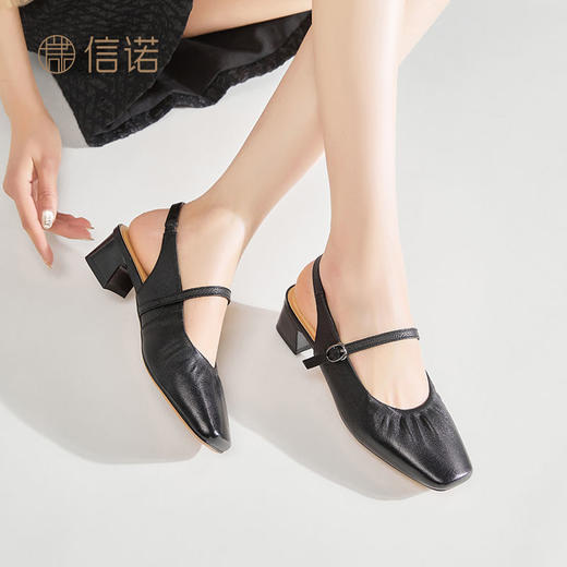 信诺羊皮粗跟包头凉鞋女2025夏季新款优雅时尚法式方头一字带凉鞋X5C032-58 商品图4