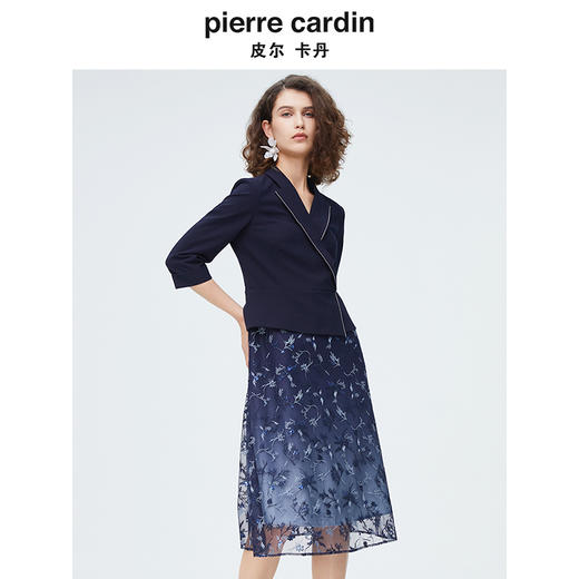 [皮尔卡丹女装]连衣裙蕾丝酒红色花边领宴会A摆轻礼服 商品图1