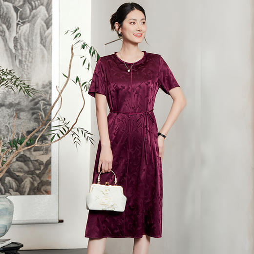 TC 54802新中式国风连衣裙遮肚显瘦提花缎面系带裙 商品图0