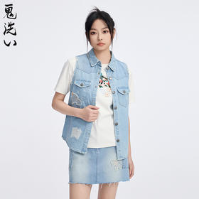 ONIARAI/鬼洗25春夏泥棒蓝女款樱花金鱼贴布绣牛仔马甲 N340219