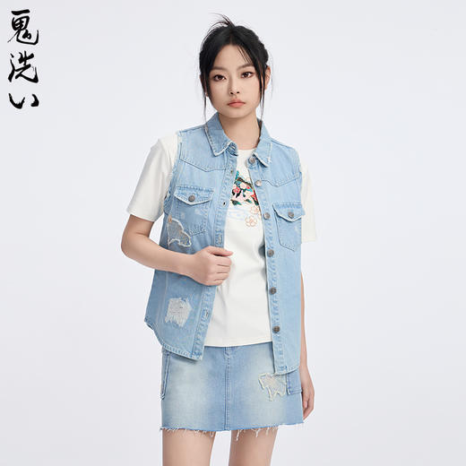 ONIARAI/鬼洗25春夏泥棒蓝女款樱花金鱼贴布绣牛仔马甲 N340219 商品图0