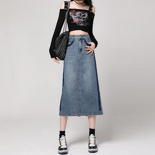雀说梨型身材牛仔半身裙新款高腰复古小个子中长开叉A字裙AL709 商品图2
