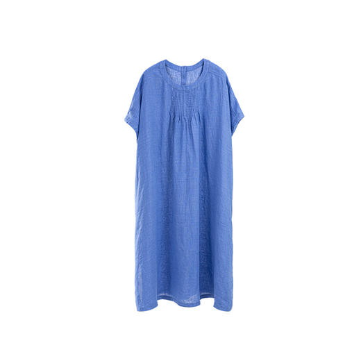 绽放旅行女装176朵/色织亚麻塔克捏褶文艺简洁圆领连肩短袖连衣裙 商品图4