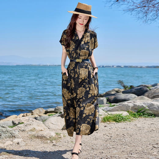 丁摩 印花V领短袖口袋宽松碎花女士长裙YG82960 商品图2