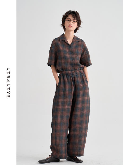 布尔乔亚亚麻格纹衬衫气球裤套装 商品图0