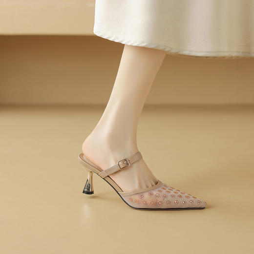 【预售5天】春夏新款时尚细高跟尖头浅口包头拖鞋女性感网沙透气百搭凉鞋NDXC&7080 商品图0