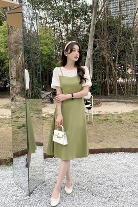 L.Fleuri 泡泡袖假两件拼接连衣裙 18173